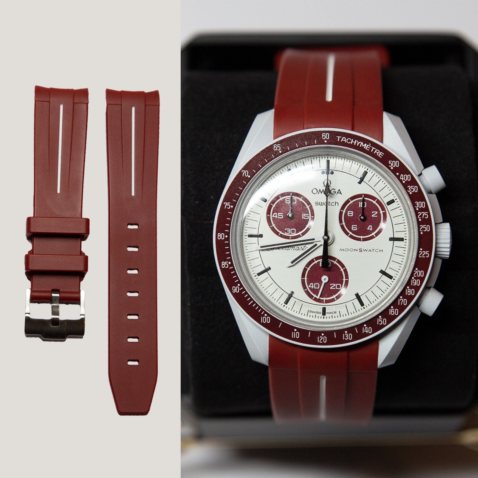 MoonSwatch Luxury Strap Burgundy Red "White Accent"