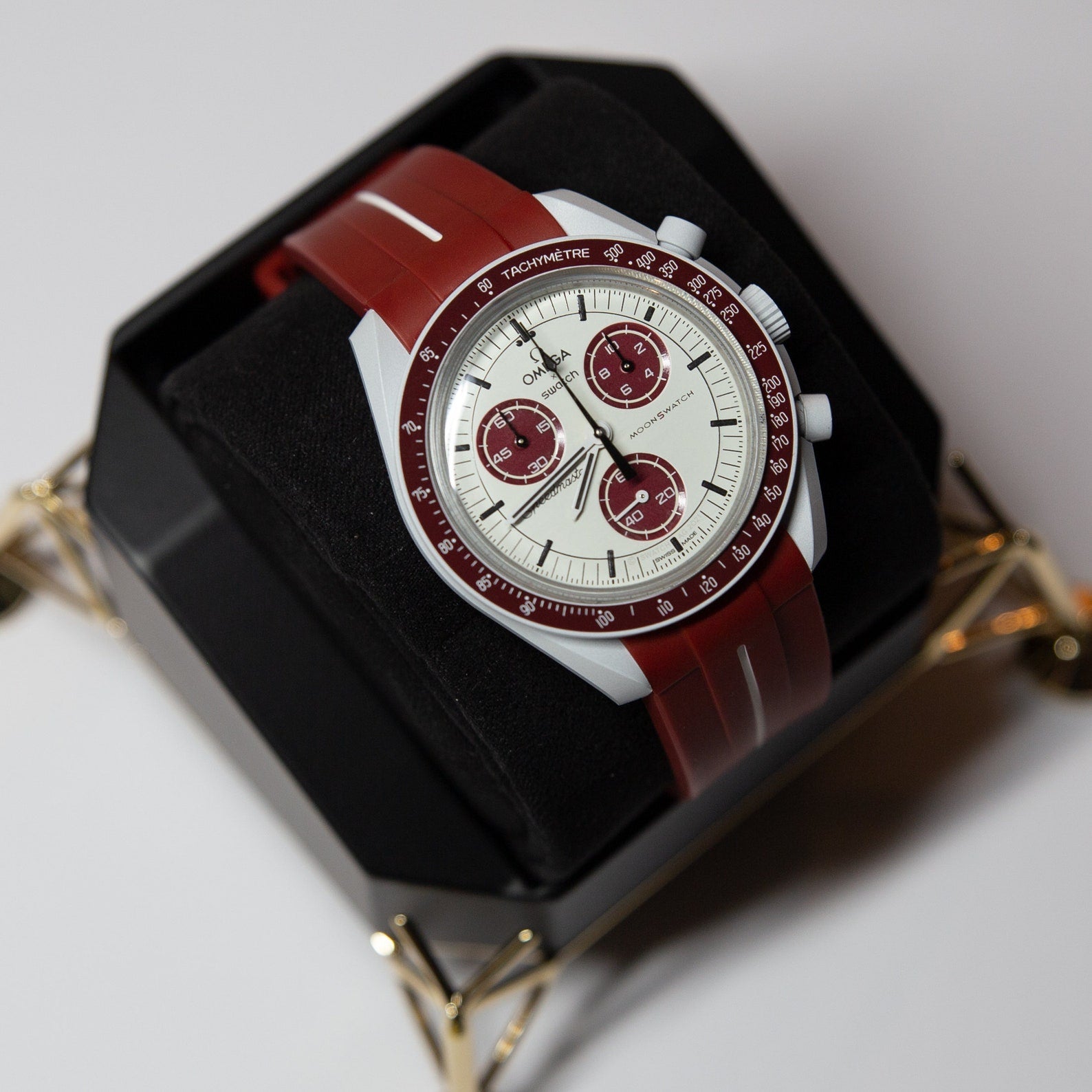 MoonSwatch Luxury Strap Burgundy Red "White Accent"