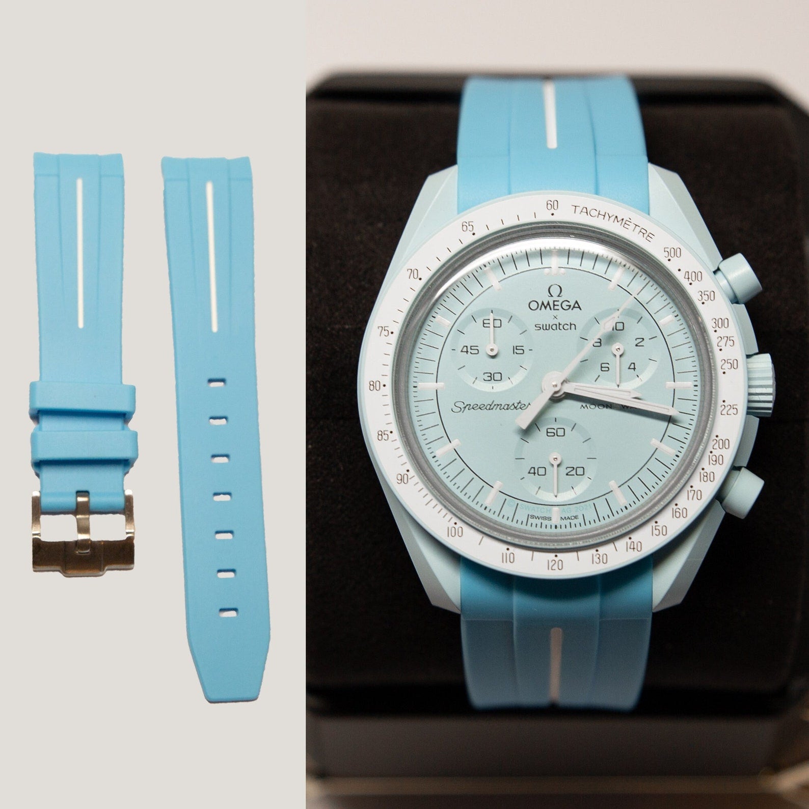 MoonSwatch Luxury Strap Light Blue "White Accent"